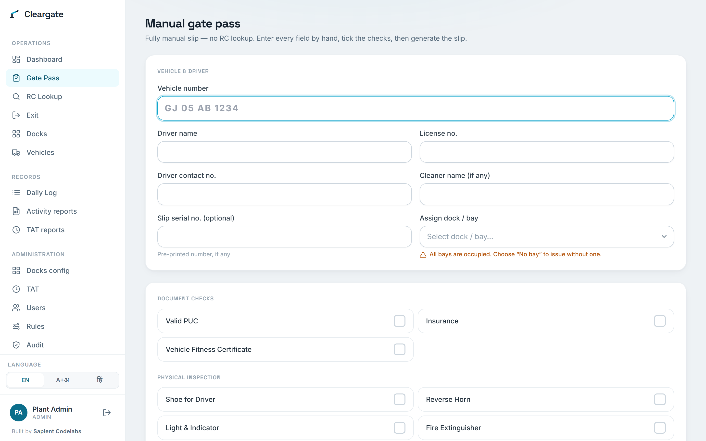 Cleargate manual gate pass form: vehicle and driver fields, dock/bay assignment, and document and physical-inspection checklists.