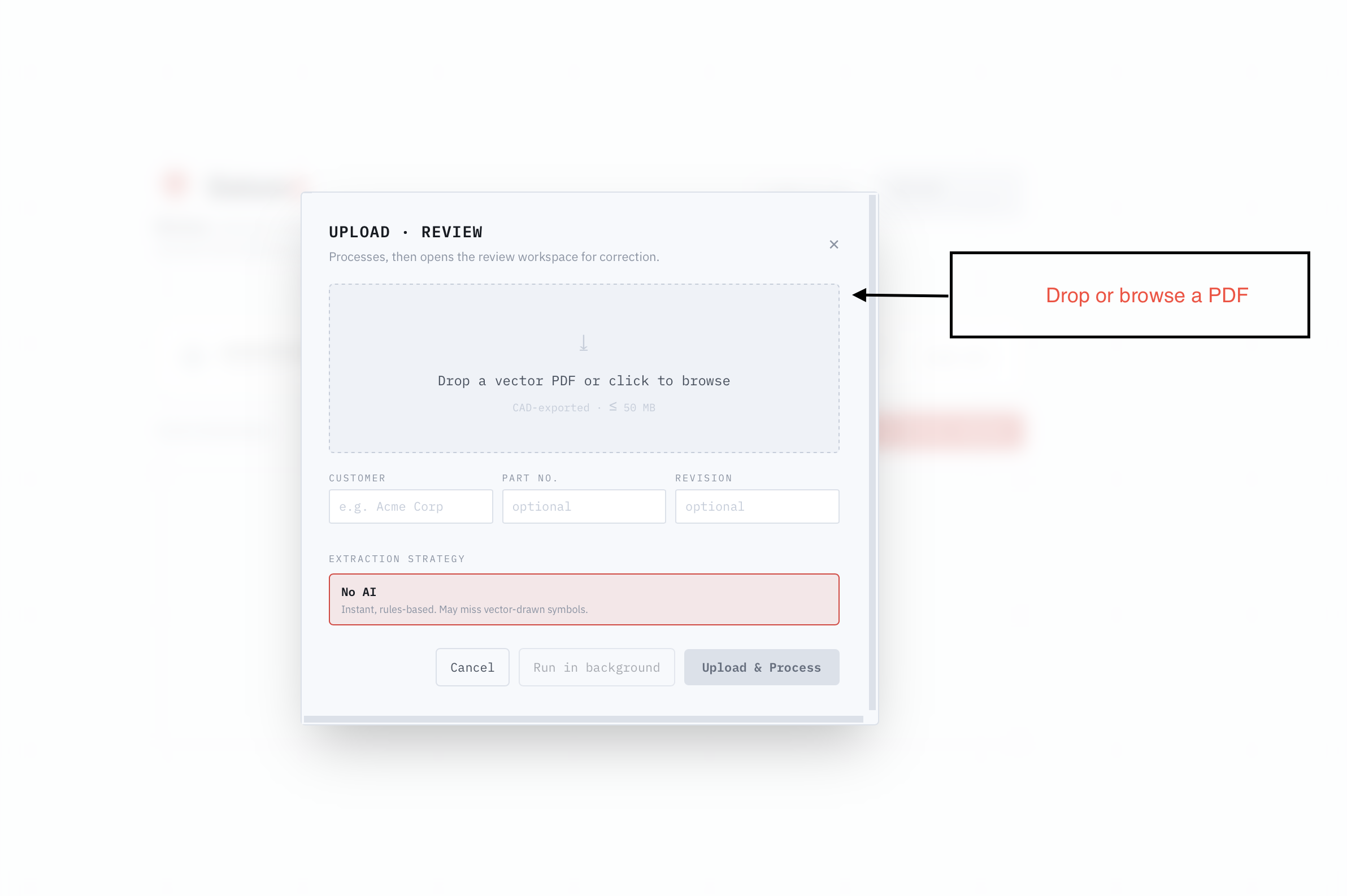 DatumQ upload dialog: drop a CAD-exported vector PDF, add customer/part/revision, and choose an extraction strategy.