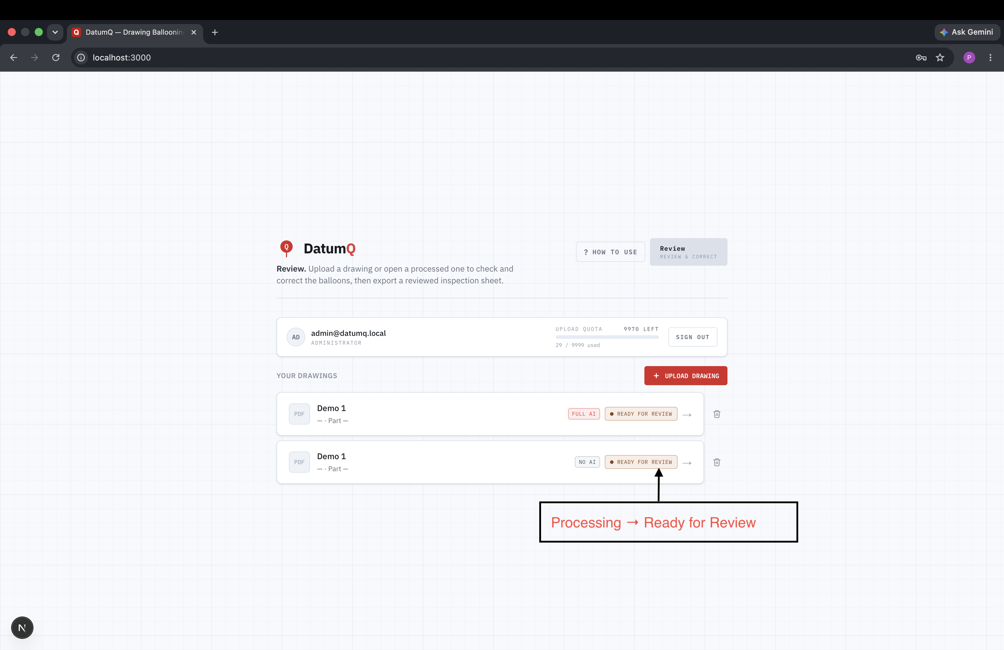 DatumQ drawings list: an account with upload quota and processed drawings marked “ready for review”, each tagged with its extraction mode.